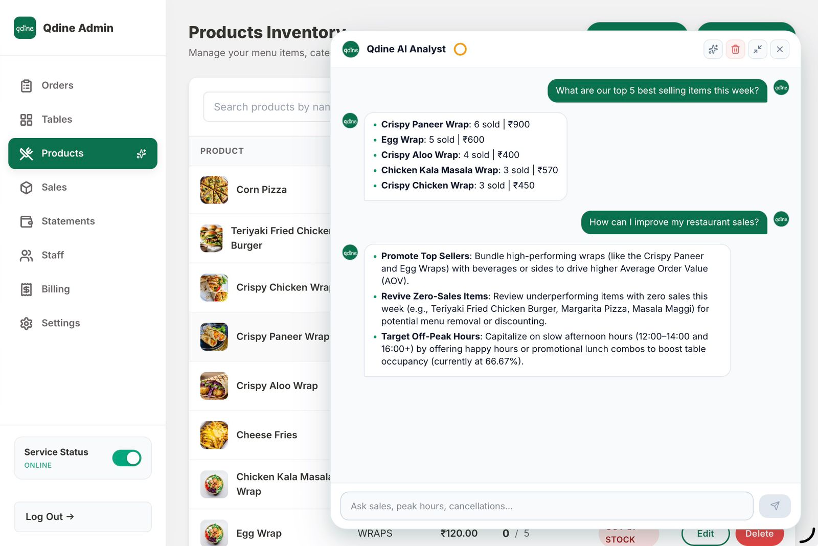 Qdine AI Analyst interface — conversational AI that answers questions about sales data, best-selling items, peak hours, and cancellation rates in real-time