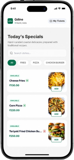 Qdine customer-facing digital menu showing Today's Specials with food items, prices in rupees, availability status, and category filters