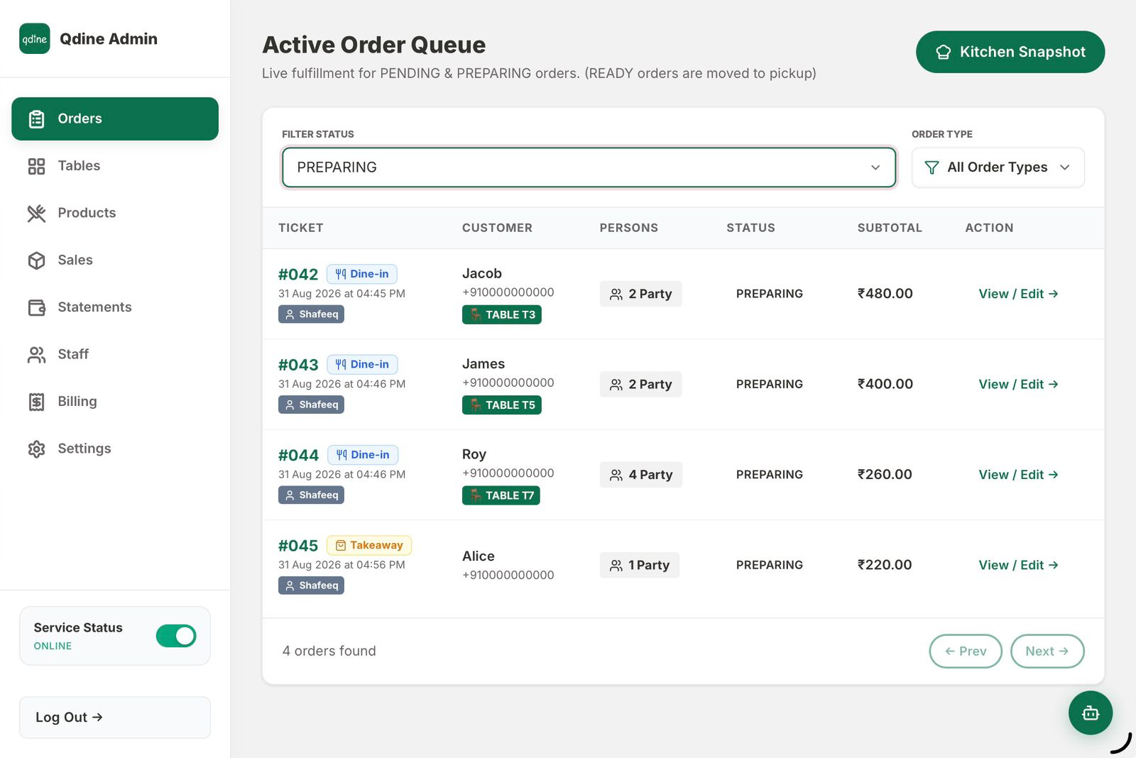 Qdine Active Order Queue — showing live fulfillment for pending and preparing orders